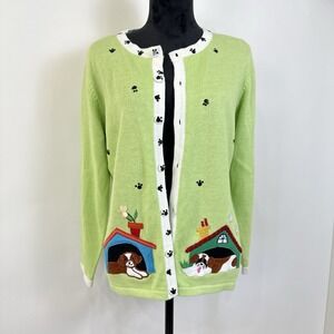 Bobbie Bell Embroidered Cardigan Sweater Large Lime Green Dog Doghouse Paw Print